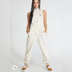Vans x EM On Holiday Overalls Women's Medium Cream Purple Newspaper Print
